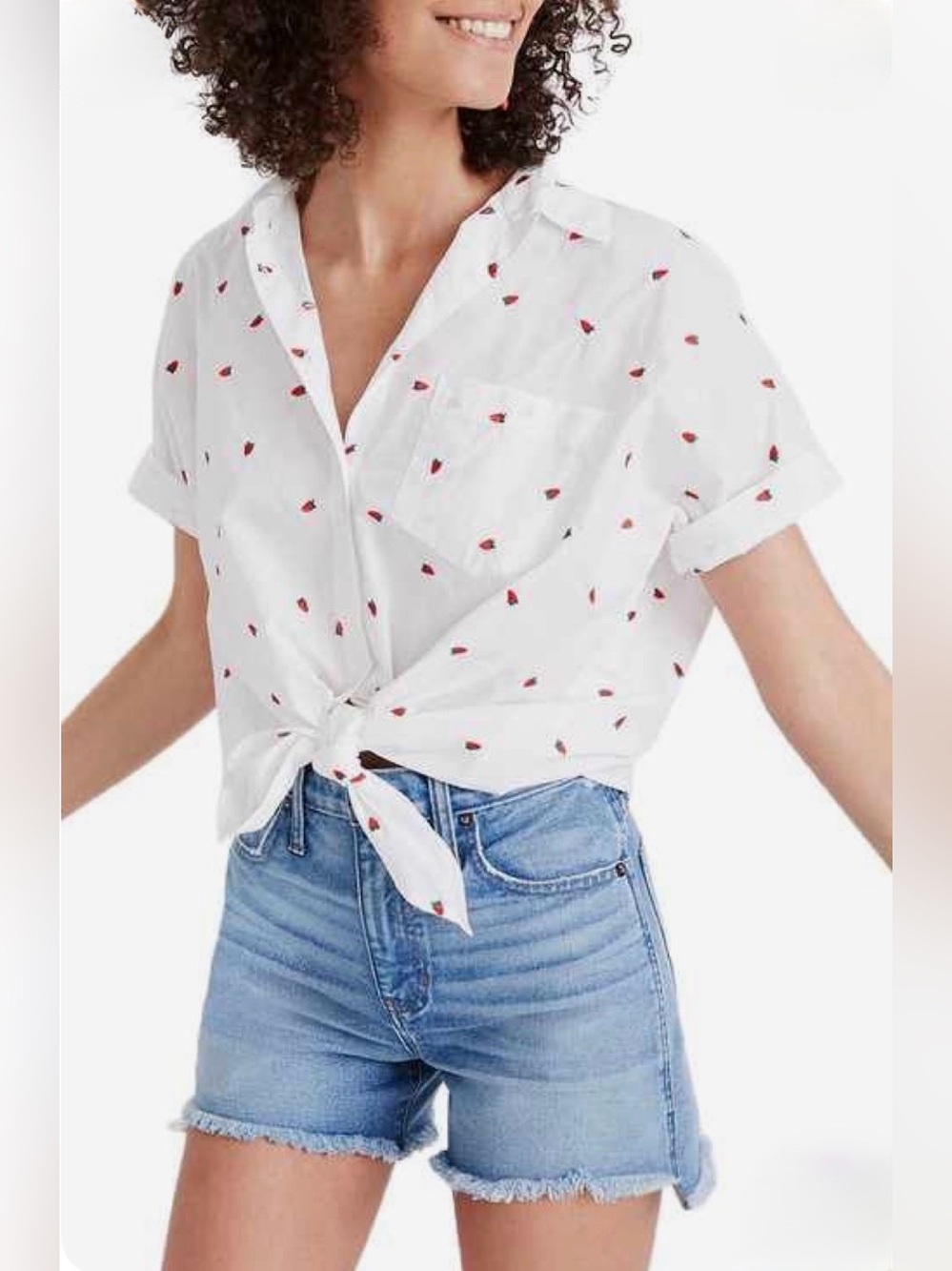 Madewell Embroidered strawberry Tie-Front Shirt